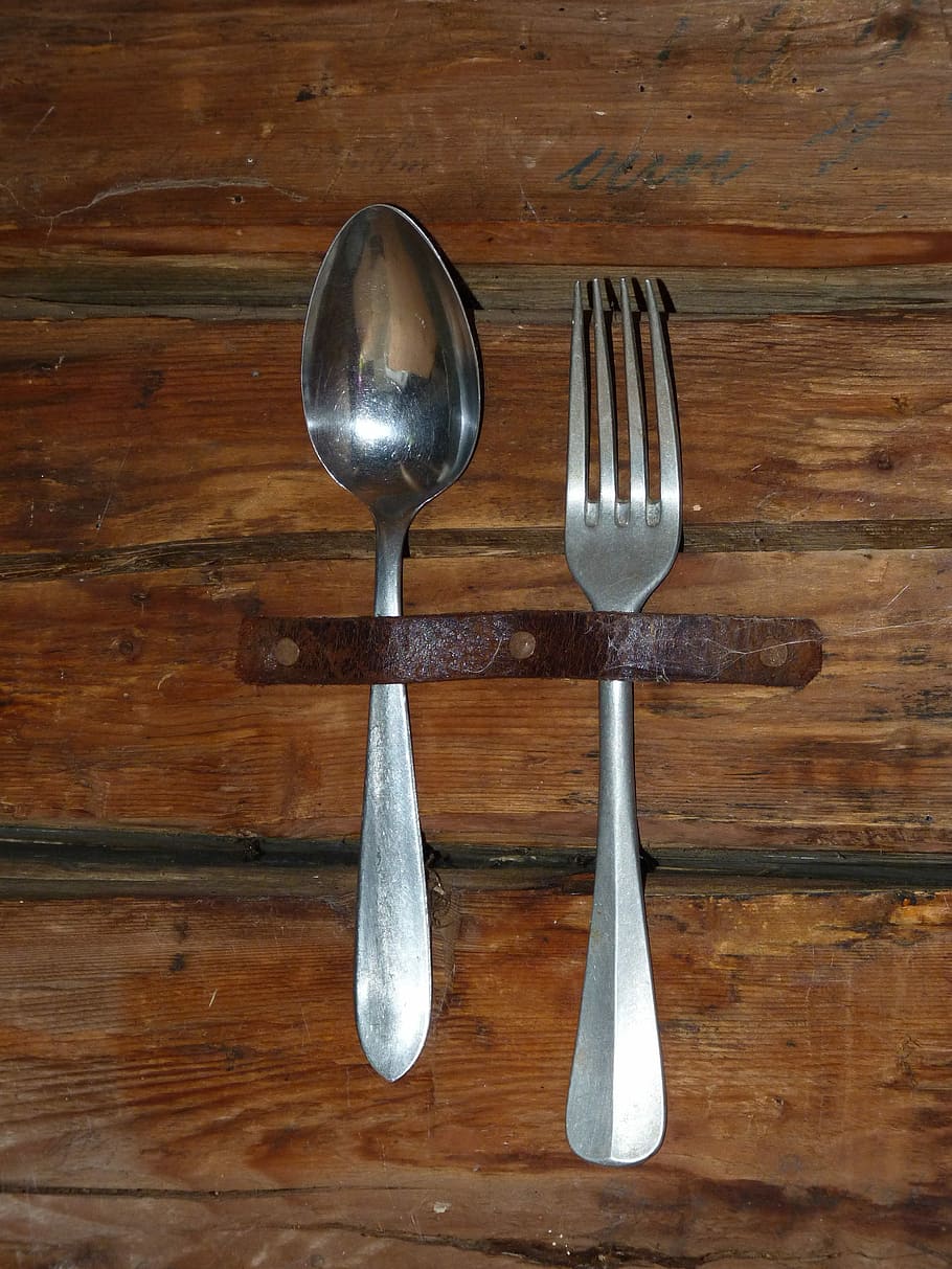 Cutlery, Spoon, Fork, Old, wood - material, silver colored, food and drink, indoors, close-up, table