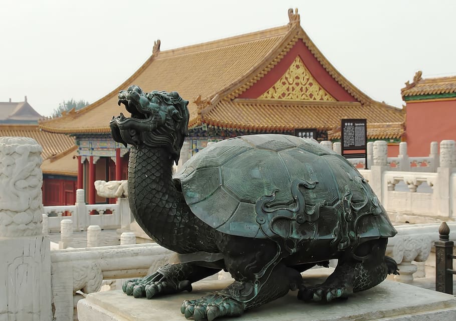 China, Pequim, Cidade Proibida, Estátua, tartaruga, decoração, mármore, bandeira imperial, imperador, arquitetura