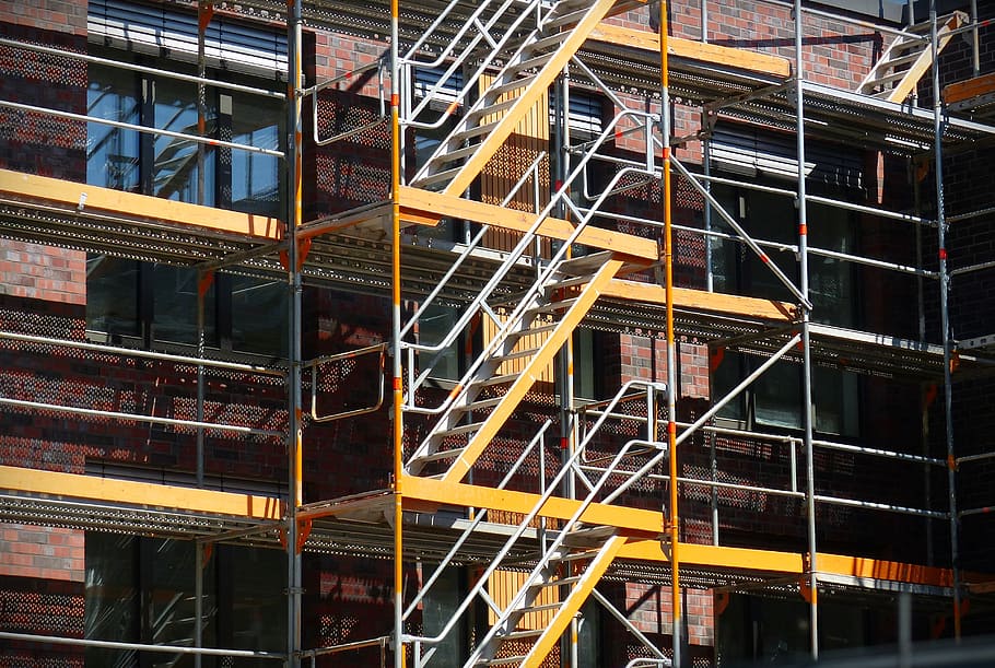 yellow, gray, metal scaffolding, building, scaffold, site, scaffolding, rise, stairs, house construction