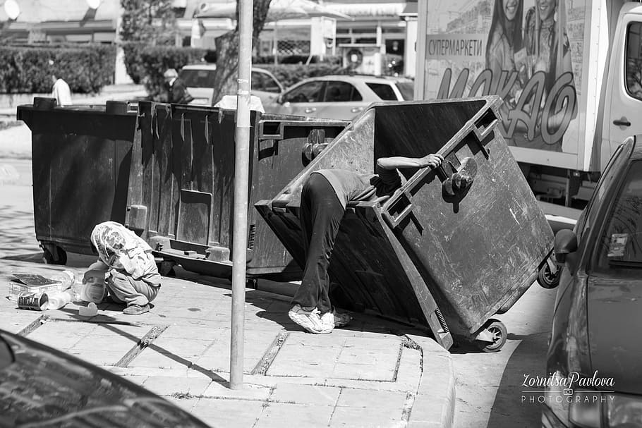 person, looking, dumpster, hobo, roma, gypsies, container, trash, poverty, real people