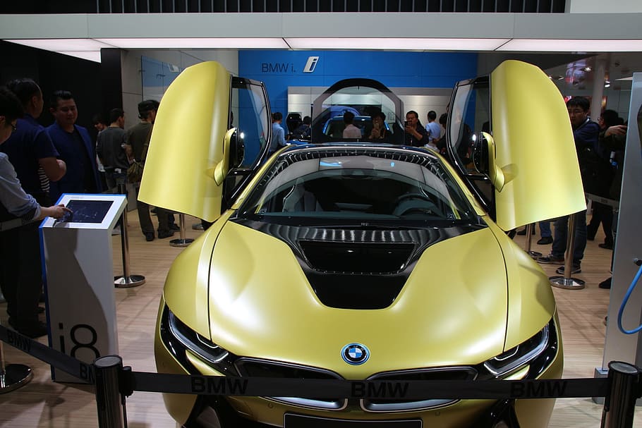 Shanghai Auto Show, Car, bmwi8, the shanghai auto show 2017, transportation, land Vehicle, mode of Transport, editorial, yellow, indoors