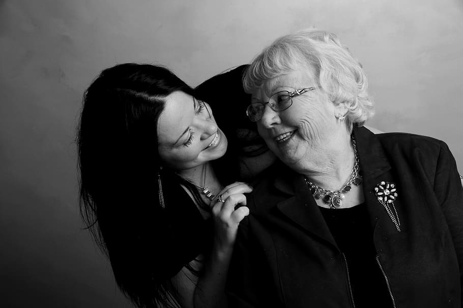 black, haired woman, holding, white, grandmother, love, friendship, generation, women, people