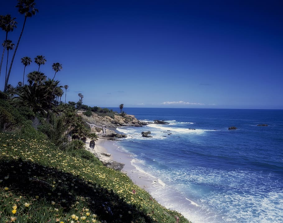 pantai laut, biru, langit, siang hari, sur besar, california, laut, samudra, air, pasifik