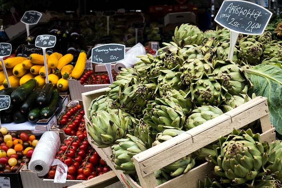 mercado de agricultores, alcachofas, alcachofa, saludable, exterior, vegetal, mercado, alimentos, frescura, fruta