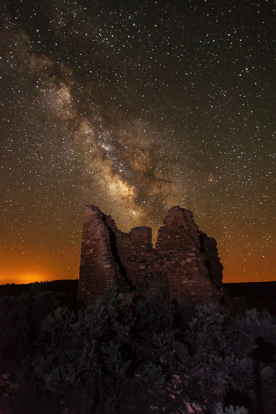 brown bricked wall, milky way, stars, rocks, night, landscape, square tower, utah, colorado, hovenweep national monument