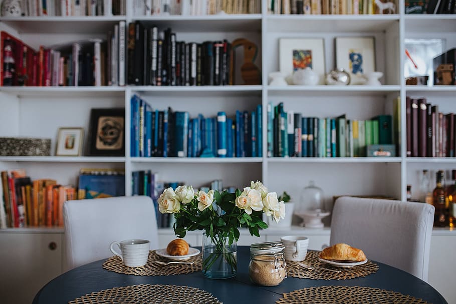 flores, mesa, café, dorado, desayuno, azul, decoración, diseño, estera, redondo