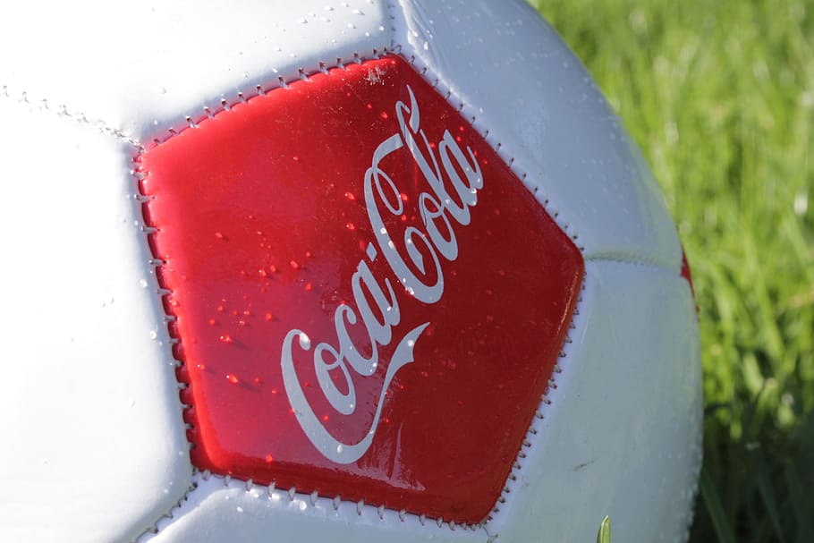 cocacola, ball, drops, grass, soccer, red, communication, text, close-up, western script