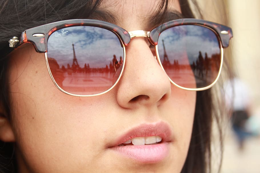 woman, wearing, tortoiseshell-framed ray-ban clubmaster sunglasses, Female, Sunglasses, Paris, young woman, eiffel tower, reflection, face