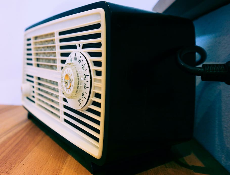 white, black, transistor radio, brown, wooden, surface, radio, retro, old, speakers