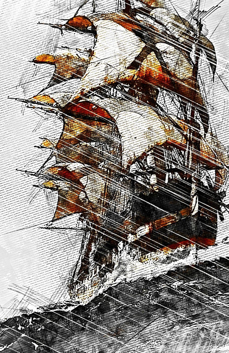 sailing ship, body, water, storm artwork, mast, boat, sea, sailboat, transportation, nautical