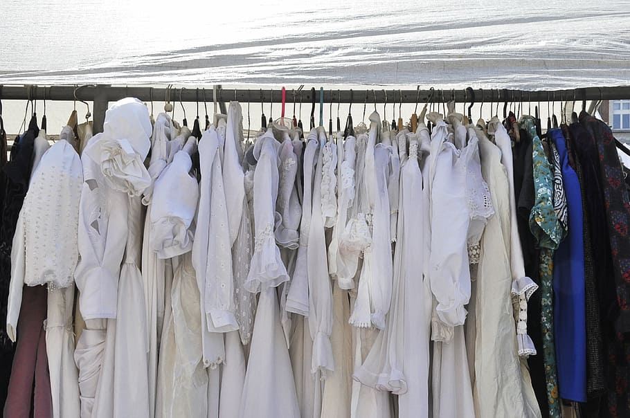 assorted, clothes, hangers, dresses, fabric, dress, wedding, white, clothing, flea market