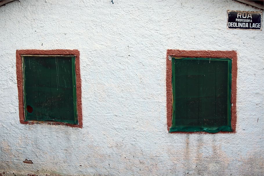 white, painted, wall, two, open, windows, window, panes, boarded, architecture