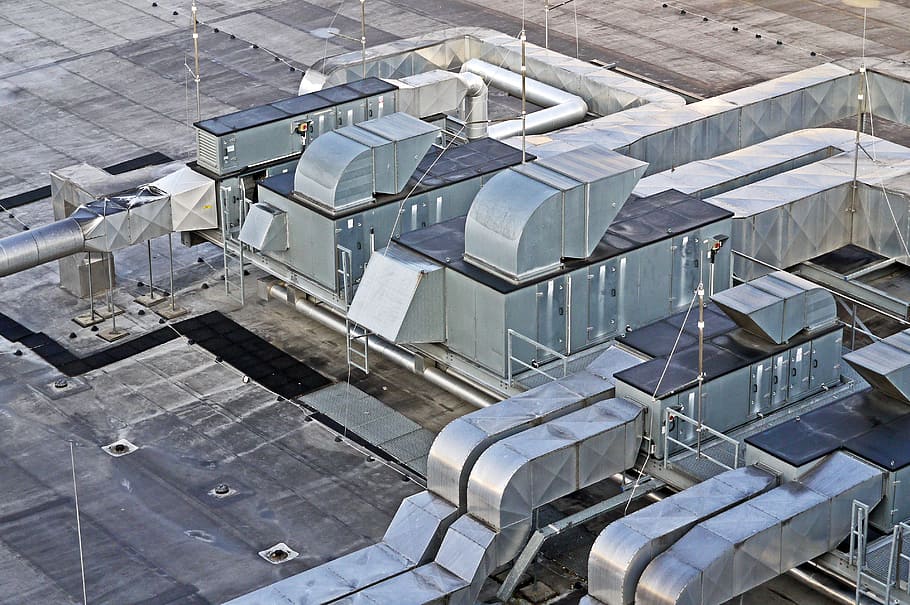 atas, pandangan, gudang, atap gedung, ventilasi, AC, pusat perbelanjaan, pasokan udara, pendingin, saluran udara