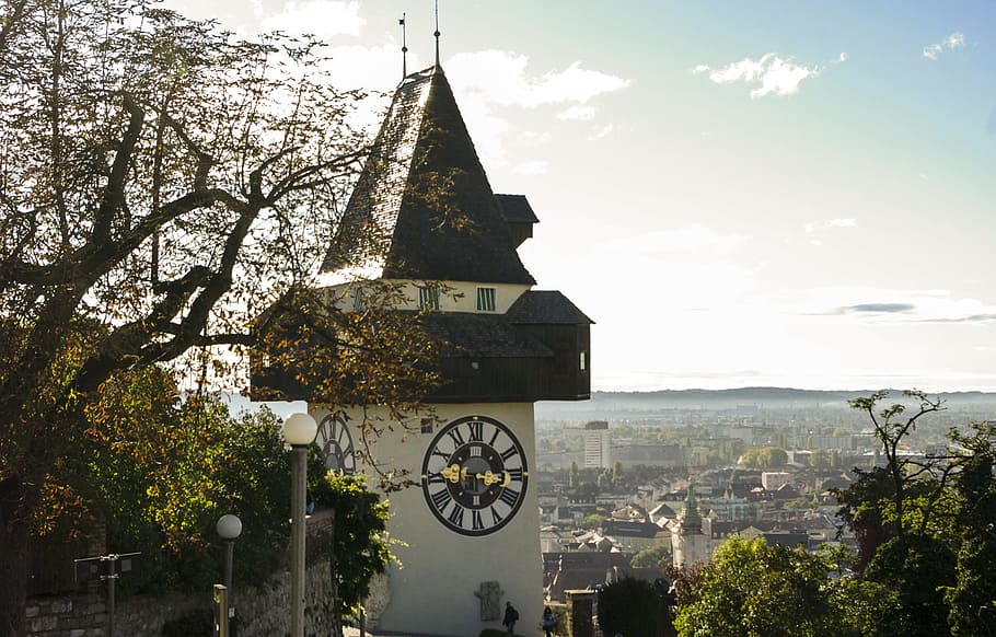 graz, clock tower, styria, places of interest, schlossberg, landmark, austria, building, tree, architecture