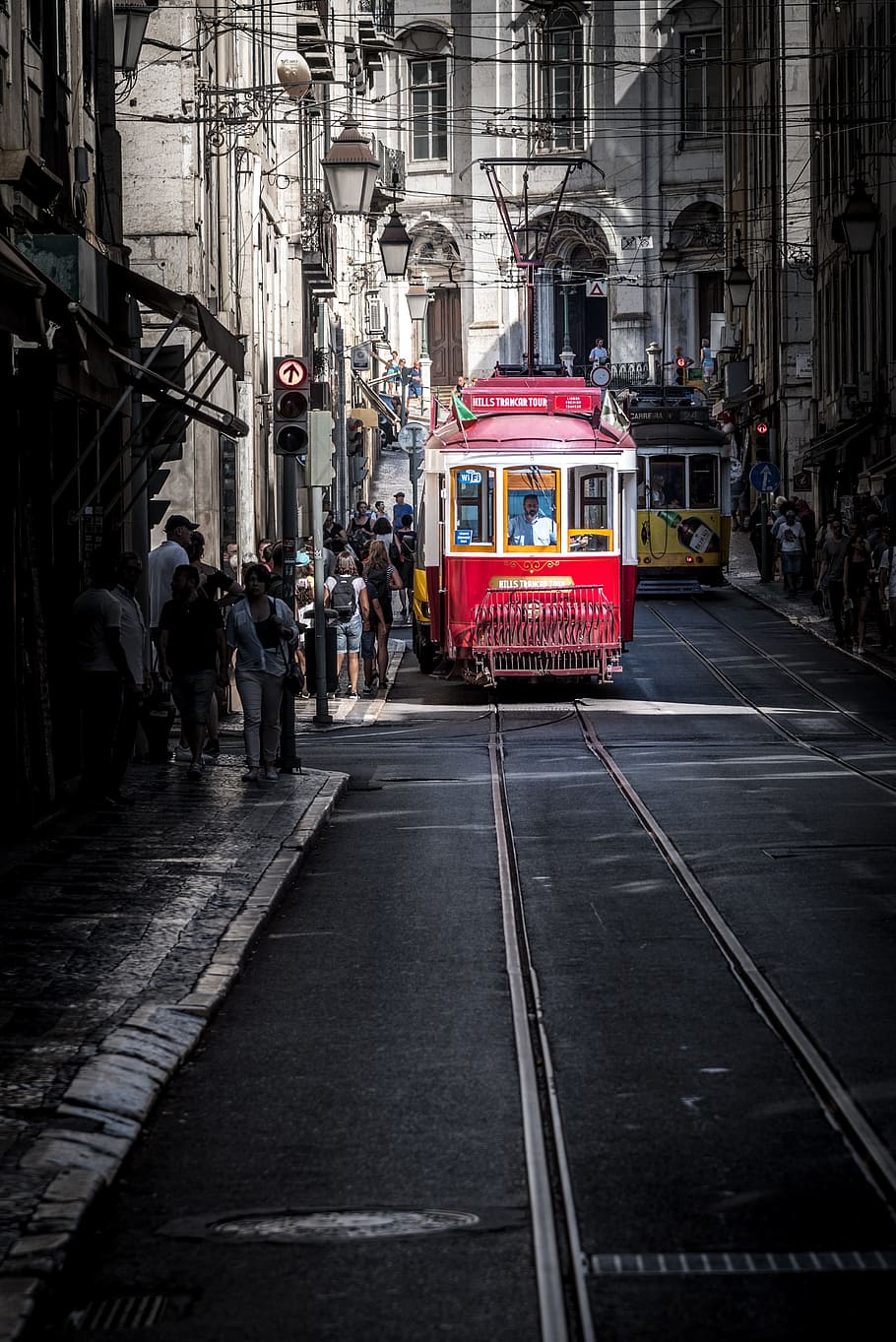 two, yellow, red, trams, street, tram, portugal, transport, old town, lisbon