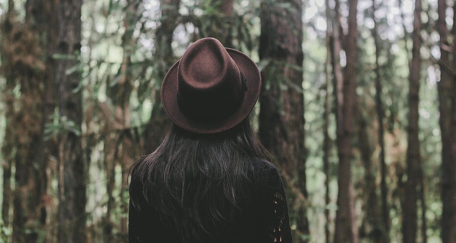 woman, girl, lady, people, back, contemplate, style, fashion, fedora, nature