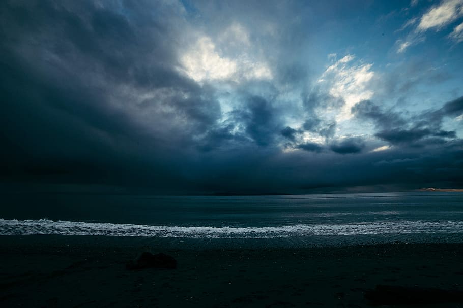 orilla del mar, ilustración nocturna, noche, ilustración, playa, océano, agua, nube - cielo, tormenta, naturaleza