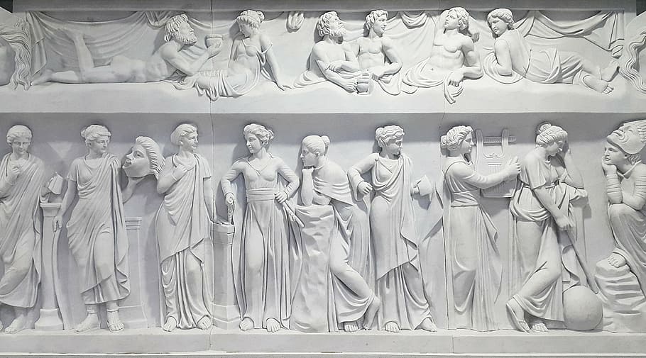 mural blanco, grecia, mitología griega, en, romano, mitología, estatua, arquitectura, escultura, lugar famoso