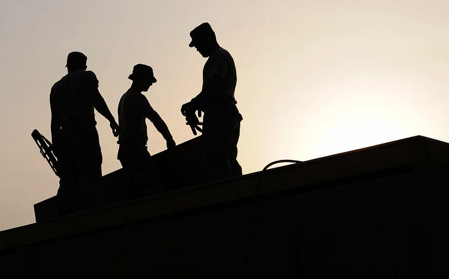 silhouette photo, three, men, workers, construction, site, hardhats, silhouettes, building, tools