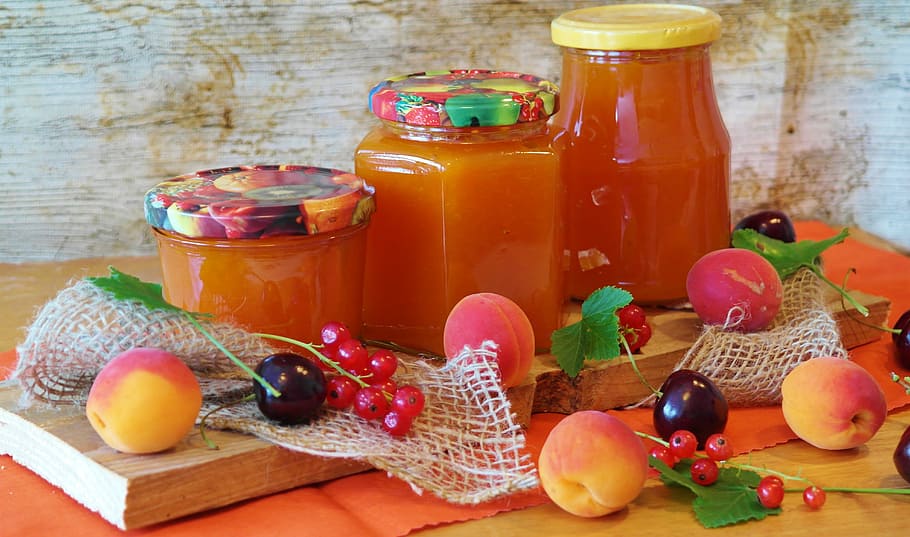 three, clear, glass jars, jam, apricots, apricot, cook, preparations, glasses, fruit