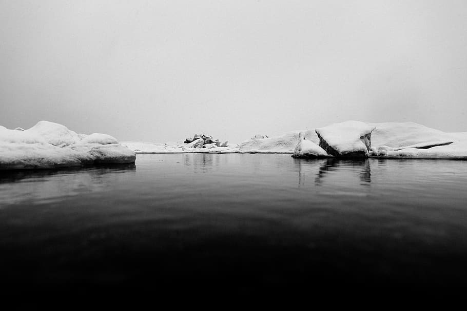 grayscale photo, floating, body, water, Iceberg, Iceland, Floating Ice, Ice, Ice, ice, north pole