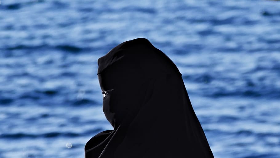 islã, menina islâmica, jordânia, mulher, burke, o véu, tiro na cabeça, mar, agua, uma pessoa