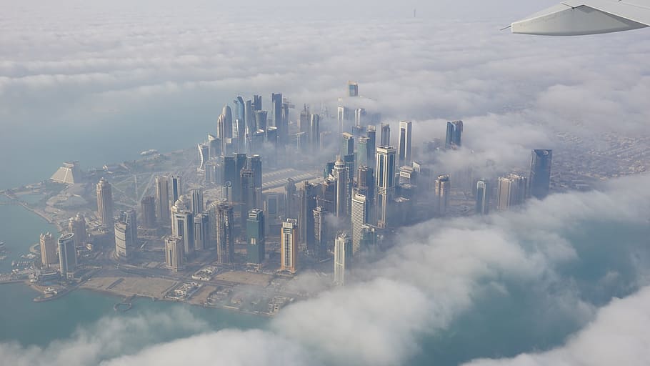 aerial, view, city, daylight, skyscraper, clouds, doha, cityscape, urban Skyline, urban Scene