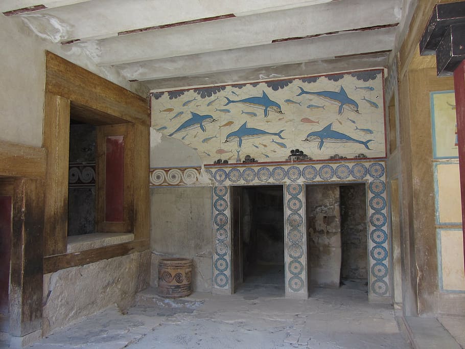 selective, gray, brown, concrete, house, fresco, dolphins, palace of knossos, minoans, island of crete