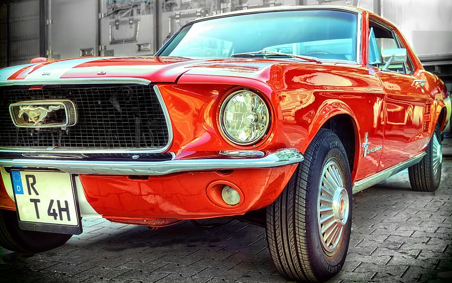 parked, red, ford mustang coupe, ford, mustang, pkw, classic, auto, oldtimer, historically