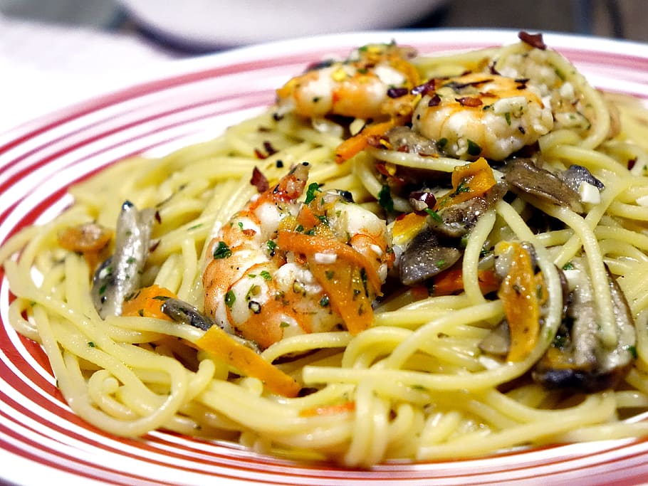 pasta, shrimp, fish, spaghetti, noodles, mushroom, italian, aglio, prawn, oil
