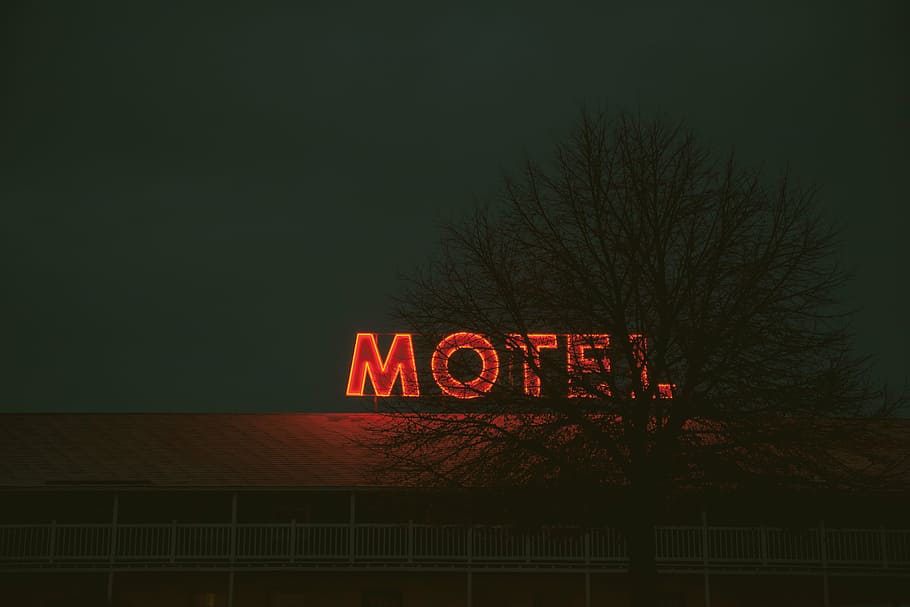 vermelho, luz de neon, sinalização de motel, transformado, motel, férias, hotel, néon, sinal, ao ar livre
