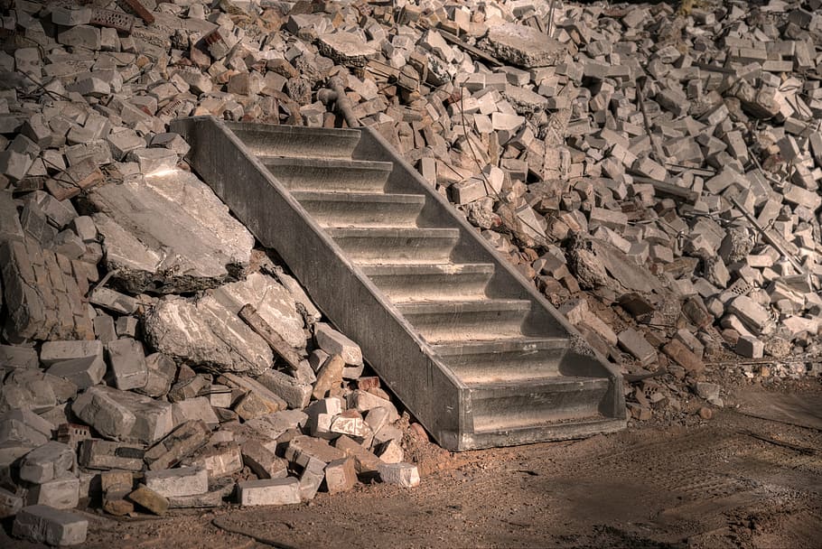 grey concrete stairs, stairs, concrete, construction, demolition, staircase, steps, architecture, stairway, achievement