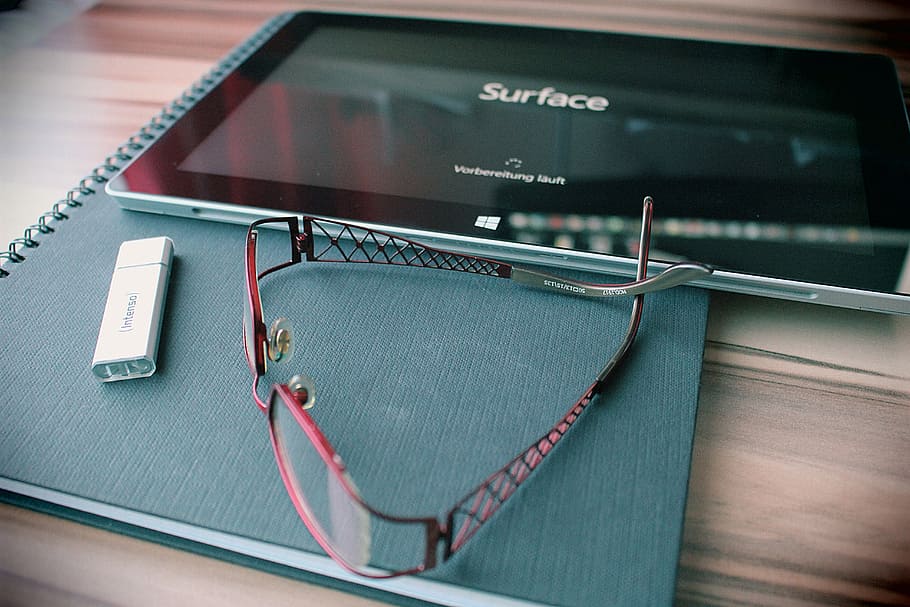 red, framed, eyeglasses, black, microsoft surface, pro, top, table, reading glasses, usb stick