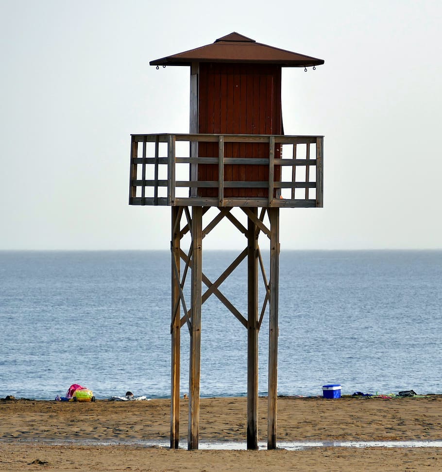 beach, lifeguard, tower, ocean, water, sea, shore, sky, outdoors, vacation