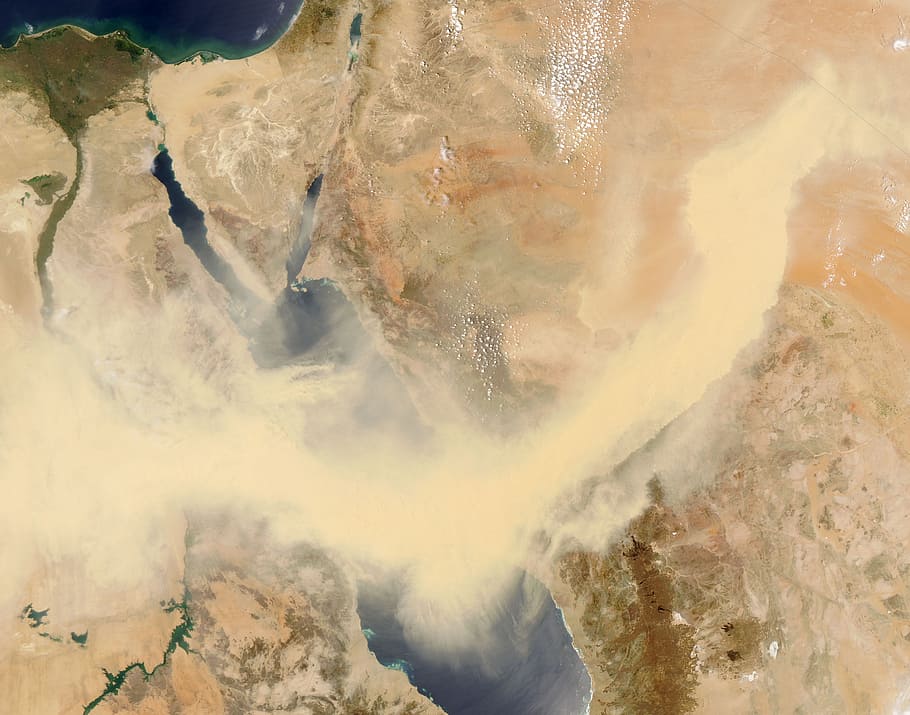 aéreo, vista, cuerpo, agua, tierra, Mar Rojo, Egipto, Tormenta de arena, imagen de satélite, foto de satélite