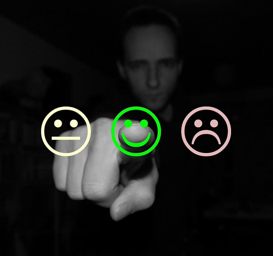person touching emoji, feedback, opinion, customer, satisfaction, review, rating, evaluation, quality, vote