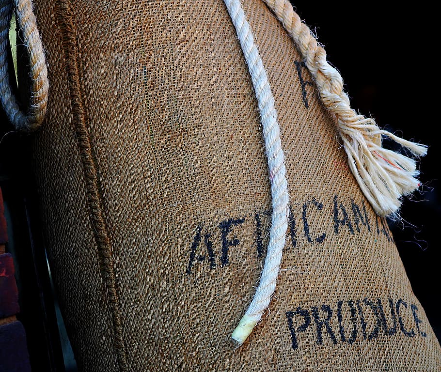 african produce, coffee, import, close-up, textile, text, western script, indoors, communication, rope