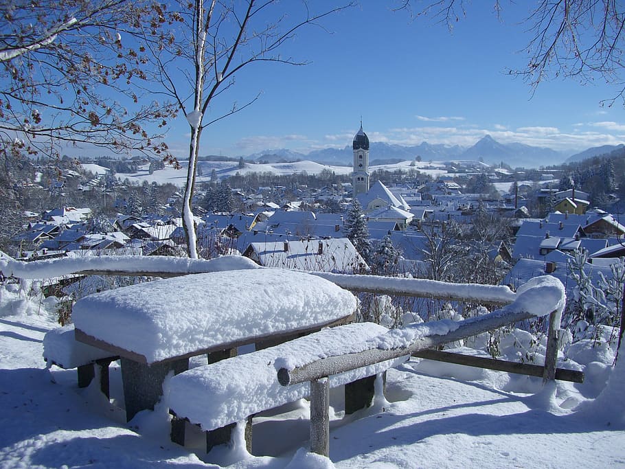 bench, coated, snow, fence, nesselwang, new zealand, allgäu, winter, mountain panorama, winter blast