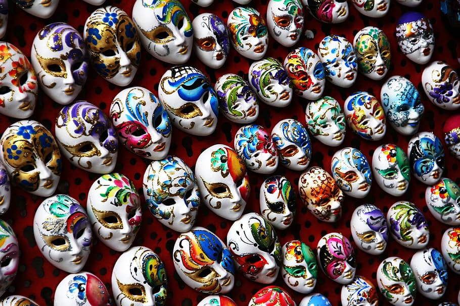 variedad de máscaras, máscaras, carnaval, venecia, italia, mascarada, recuerdo, culturas, gran grupo de objetos, elección