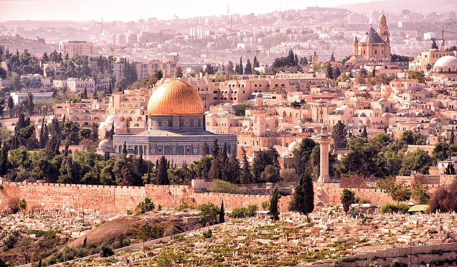 Jerusalén, la iglesia de la residencia, la mezquita de Omar, el Monte de los Olivos, el paisaje, el casco antiguo, la arquitectura, el panorama, exterior del edificio, arquitectura