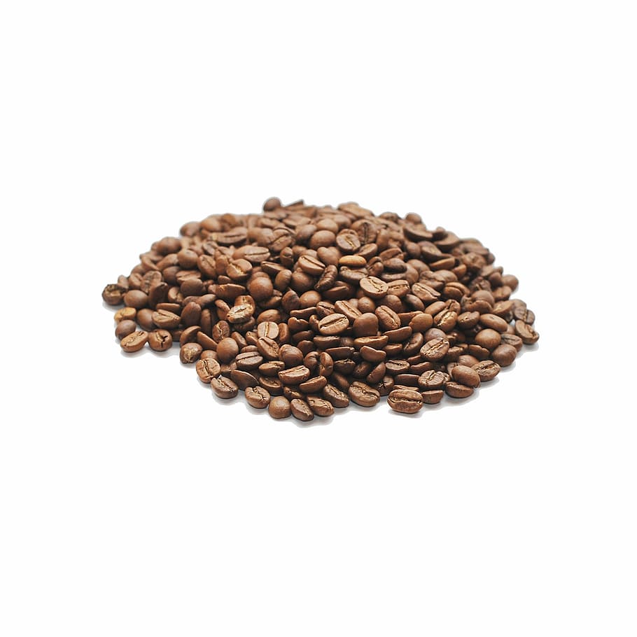 coffee, grains, arabica, fried, coffee beans, roasted coffee, grain, studio shot, white background, indoors