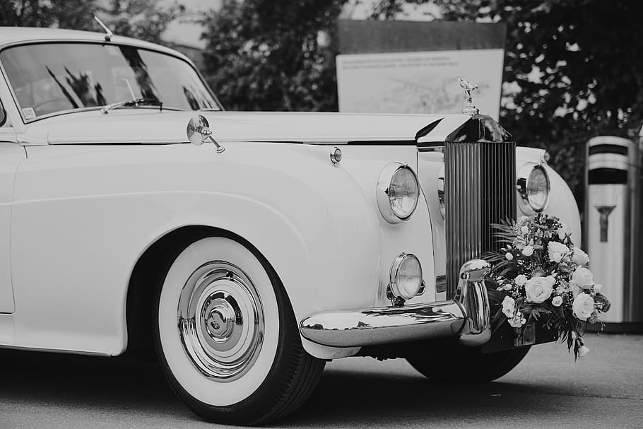 rolls royce, wedding car, oldtimer, flowers, wedding, sw, black and white, bridal cars, auto, vehicle