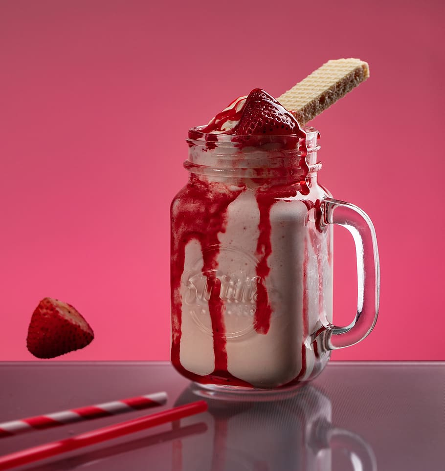 strawberry, syrup, dessert, food and drink, food, colored background, studio shot, indoors, red, fruit