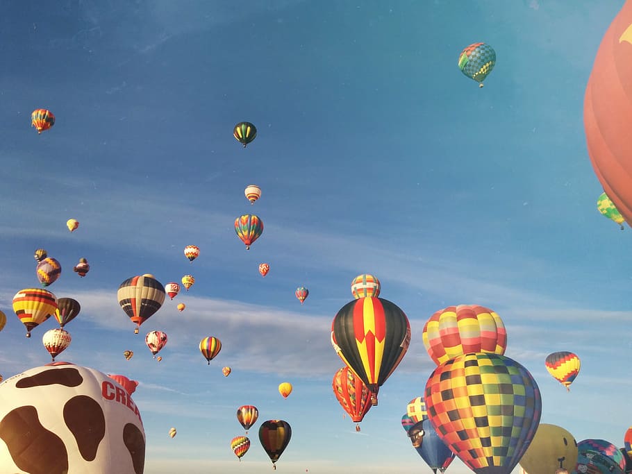 panas, balon udara, langit, siang hari, udara, balon, balon udara panas, biru, sinar matahari, musim panas