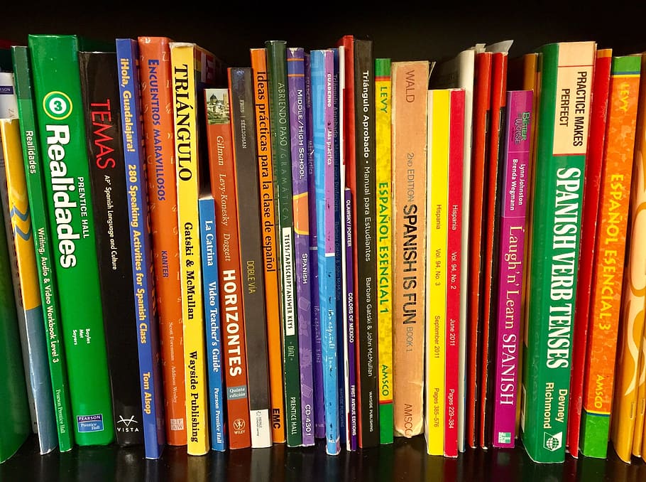 assorted books, books, bookshelf, textbooks, spanish, language, school, shelf, colorful, book