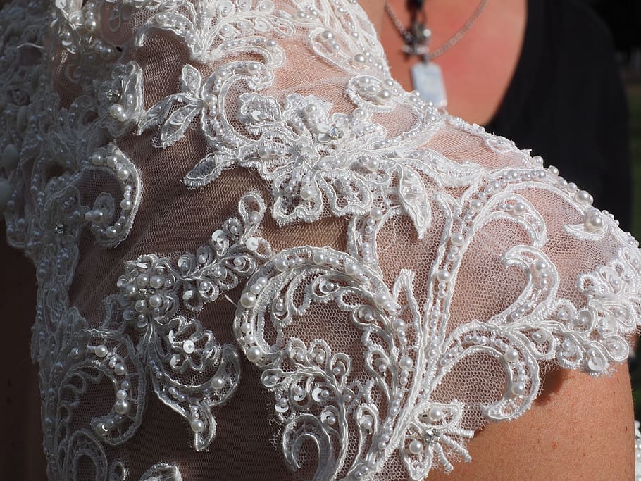 white, lace, lined, floral, dress, wedding dress, fabric, great, beads, noble