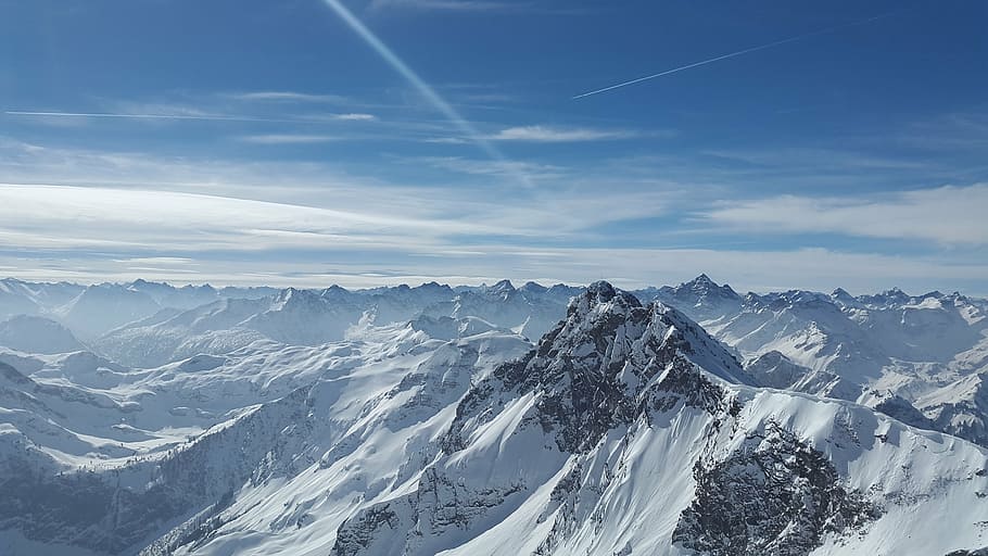 foto udara, fotografi, gunung, tertutup, salju, tanduk kasar, alpine, tannheimer, allgäu, puncak