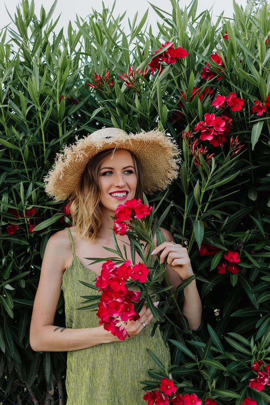 woman, smile, flowers, hat, summer, female, pink, green dress, dress, holiday