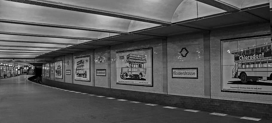 grayscale photography, hallway, berlin, monastery road, metro station, s-bahn station, station, platform, underground, railway station