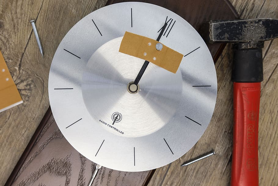 time, clock, pointer, clock face, transience, age, stop, nail, tape, glue